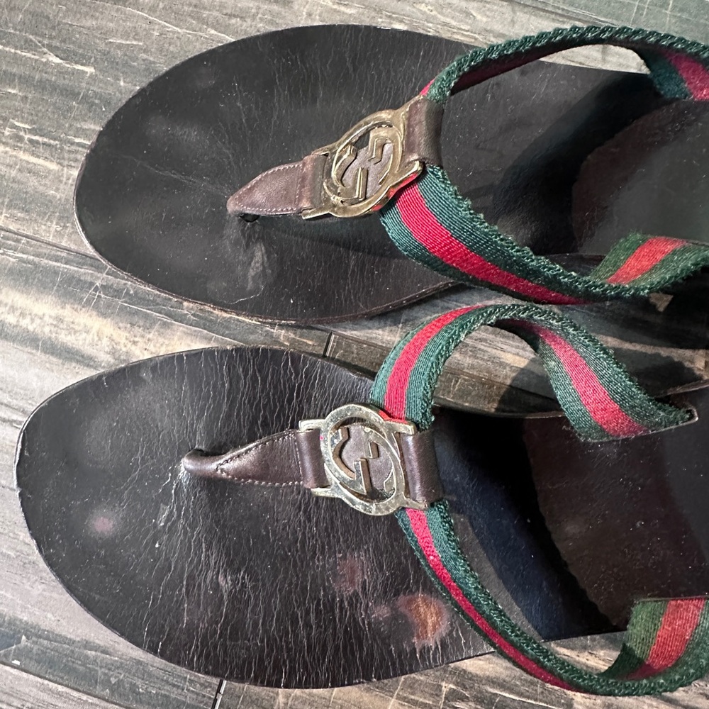 Gucci GG Logo Sandals Kitten‎ Heels THONGS Flip Flop Slides Brown Green Red 9.5 - Picture 3 of 16